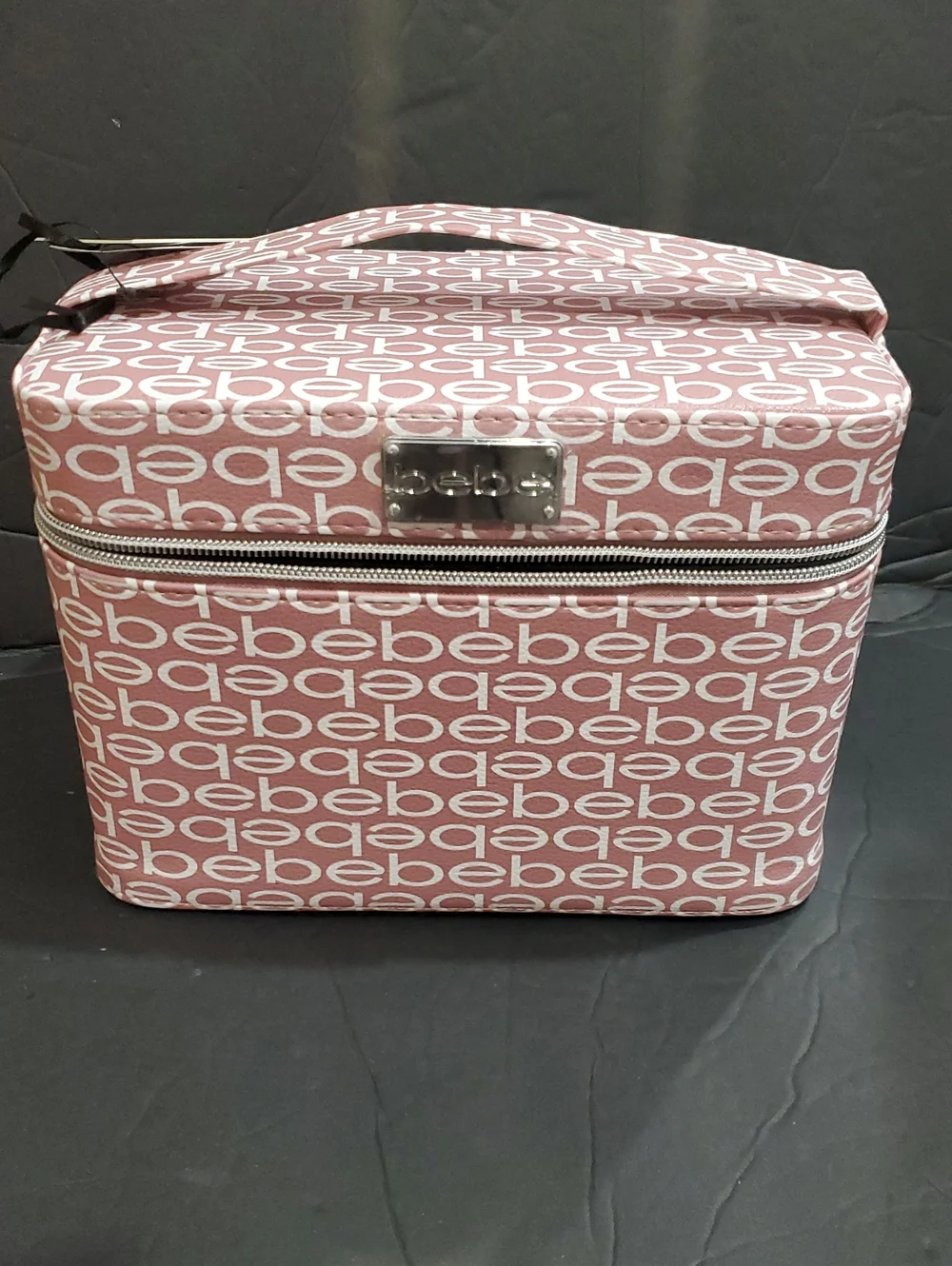 Bebe pink rose blush Bebe white monogram medium cosmetics beauty hard train case